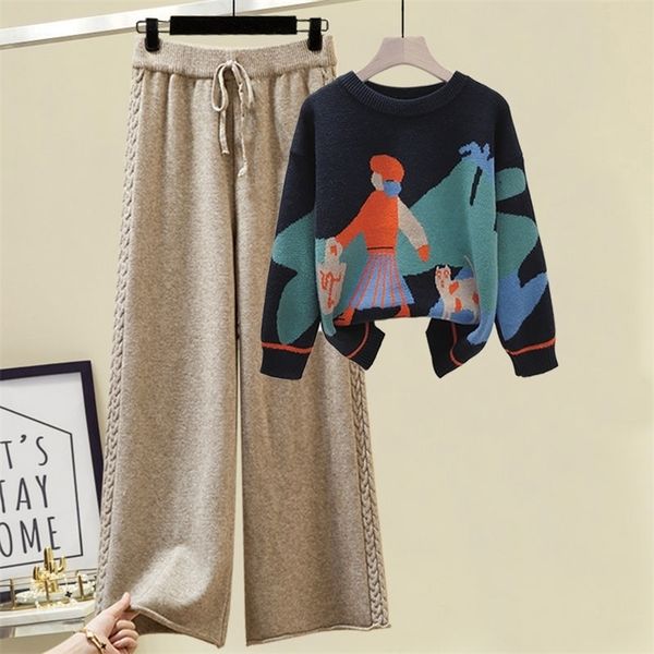 

women's knitted suit winter cartoon pictures sweater pullover wide leg pants two piece sets woman 2 pieces knitwear 220315, White