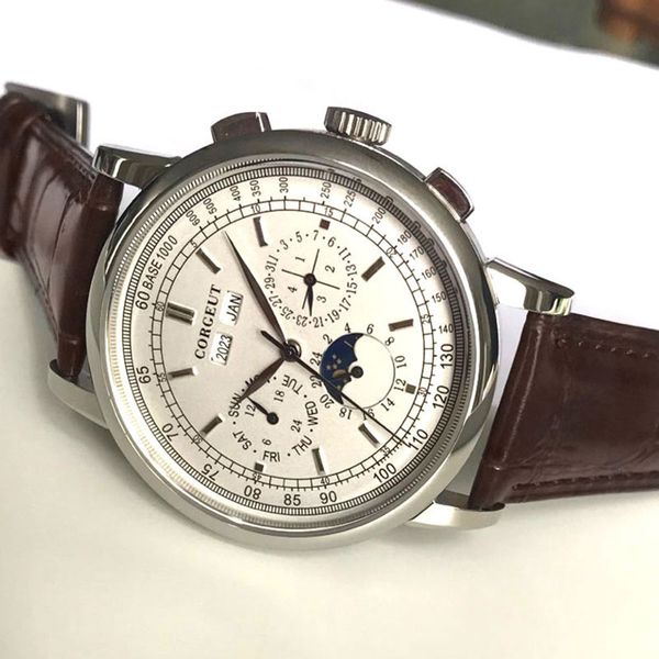 

brand mechanical wrist watches automatic watch men 42mm water resistant moon phase white dial sier year day month week, Slivery;brown