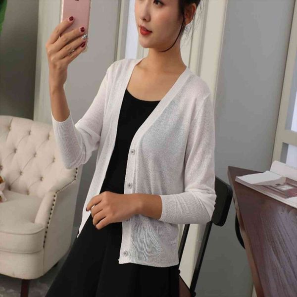 

chic summer ice sunscreen shirt women sweater knitted air conditioner jacket with a thin cardigan, White;black