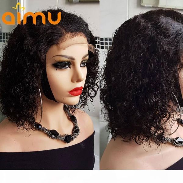 

water wave short bob wig 4x4 lace closure human hair wigs for black women pre plucked natural hairline brazilian remy 150%, Black;brown