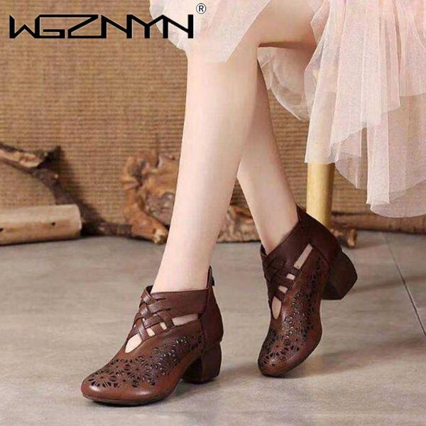 

sandals 2021 ethnic style genuine pu leather women shoes wedges handmade hollow out sandal, Black