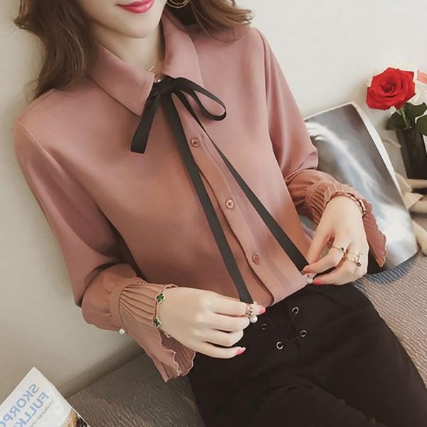 

elegant women bow tie blouses female fashion flare long sleeve blouse office ladies solid color korean casual shirt blusas w1, White