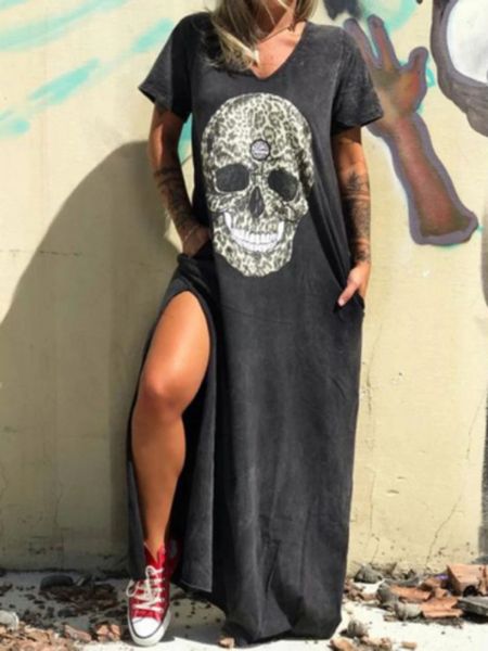Vestido de Verão Mulheres Casual Punk Solto Sleeve Crânio Imprimir Dresses Streetwear Lateral Alta Split Flor Feminino Vestido