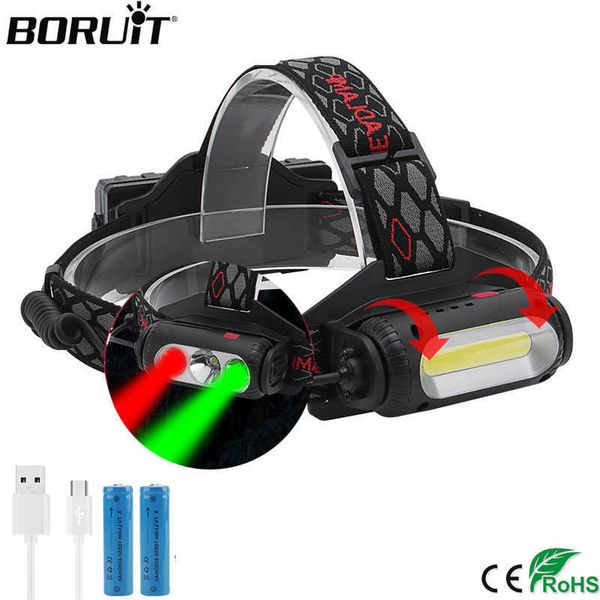 Boruit Cob T6 LED Headlamp XPE Verde Light Light Farol 8- Modo USB Carregador 18650 Cabeça Cabeça Camping Caça Frontal Lanterna P0820