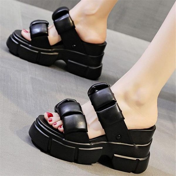 

sandals punk women leather slipper lwedges high heel gladiator female summer open toe platform pumps shoes casual, Black