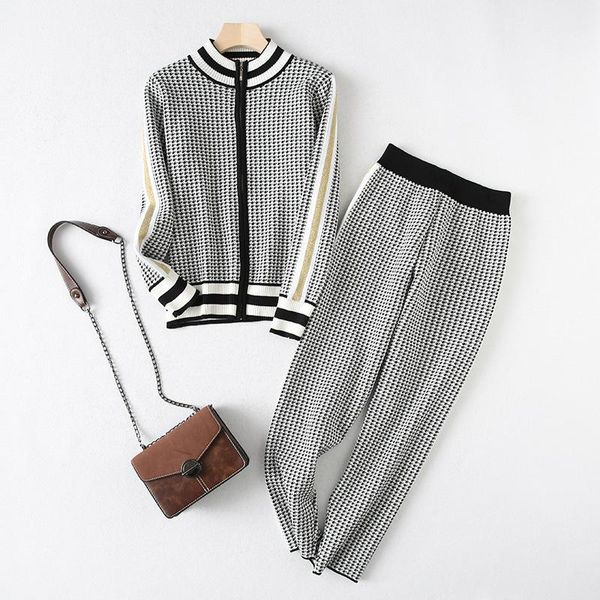 

women's two piece pants korean women clothing 2021 autumn set tracksuit fashion stand-up houndstooth sweater wide leg knitted suit, White