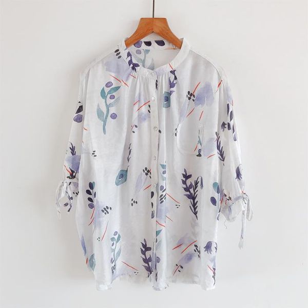 

women's blouses & shirts summer sense ink printing temperament thin section tencel loose big size shirt female 7 minutes of sleeve blou, White