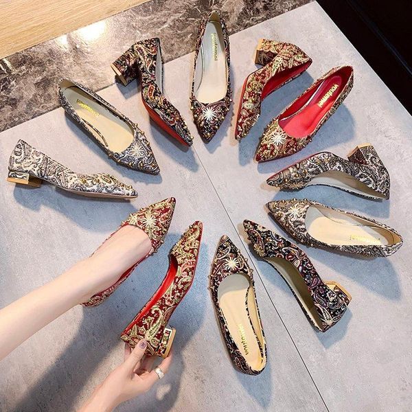 

dress shoes pumps high heels, red wedding for bridal, chinese style embroidery women's (height 6cm 2.36inches), Black
