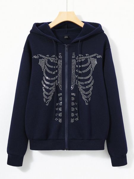 

rhinestone skeleton pattern drawstring thermal hoodie q0rw#, White;black