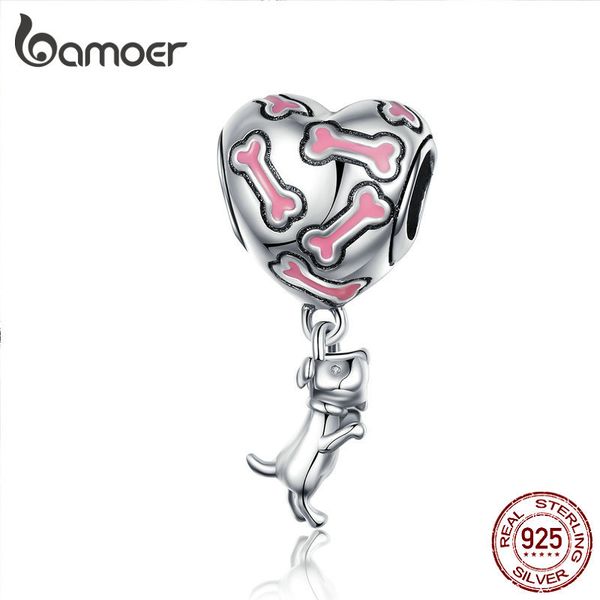 

bamoer dog charm jewelry 925 sterling silver pink enamel bone pet puppy animal heart charm fit brand women bracelet scc1199 q0531, Black