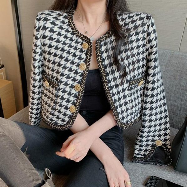 

2021 new autumn winter women crop vintage long sleeve woolen tweed jacket short coat female korean ins houndstooth outwear, Black;brown