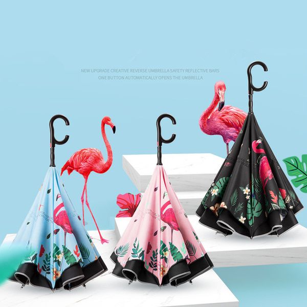 

flamingo reverse umbrella safety reflector bar double-deck semi-automatic umbrella for vehicles fishing outdoor rain sun umbrella 2021 new