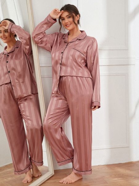 

plus satin lapel collar button up contrast binding tee & pants pajama set m64k#, Black;white