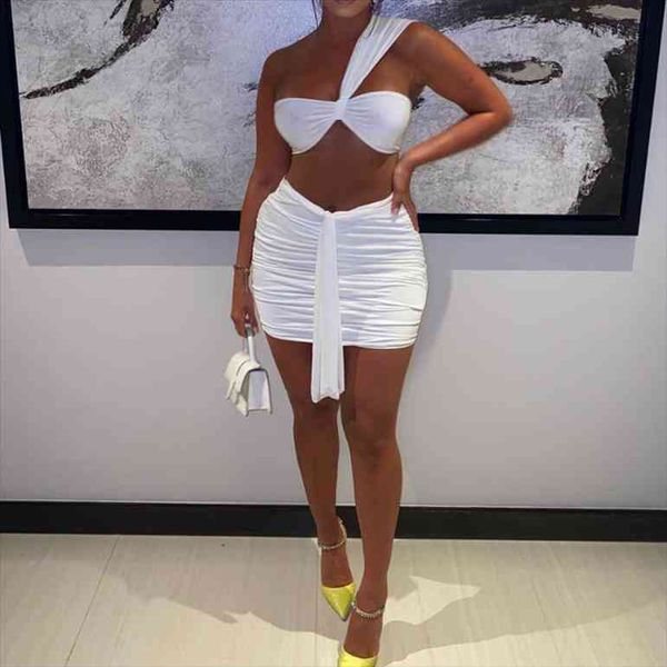 

streetwear summer one shoulder strapless women tracksuits crop and mini ruched bandage skirts two piece sets solid white outfits, Gray