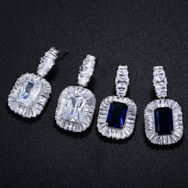 

fashion noble jewelry square charm designer earrings for bride wedding 925 sterling silver post white blue aaa cubic zirconia copper women e, Golden