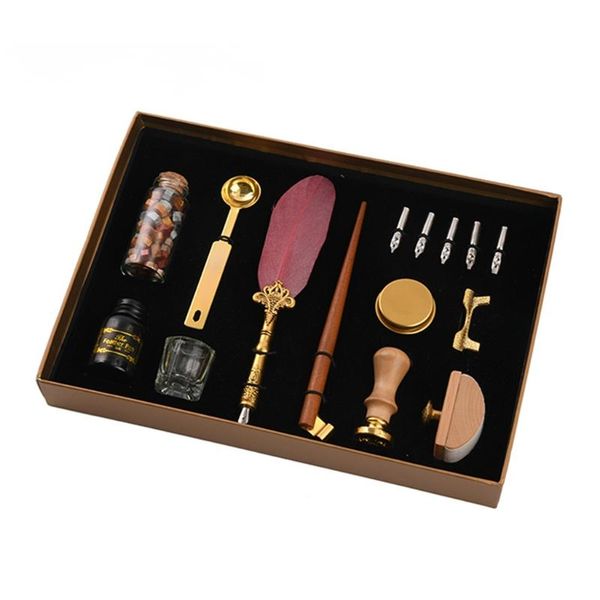 

retro calligraphy quill feather dip pen with nibs wax seal stamp holder gift box 090f fountain pens