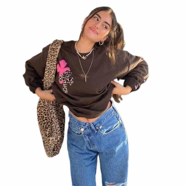 

women's t-shirt 90s aesthetic leopard print y2k oversized brown vintage crewneck long sleeve sweatshirts indie outfit streetwear ts, White