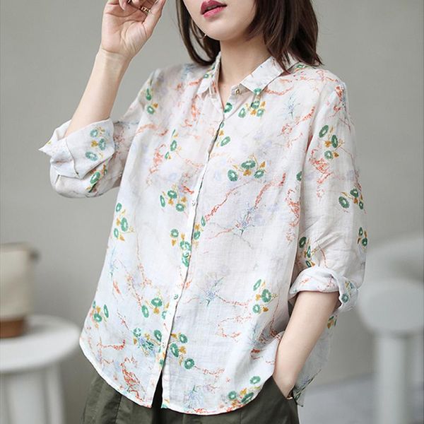 

women's blouses & shirts qpfjqd ladies long sleeve button print floral blouse 2021 sping loose women casual soft linen turn-down collar, White