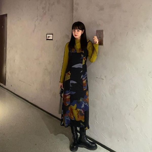 

harajuku retro oil painting women tracksuits long skirt t shirt two piece suit woman y2k tie dye printing print suspender, Gray