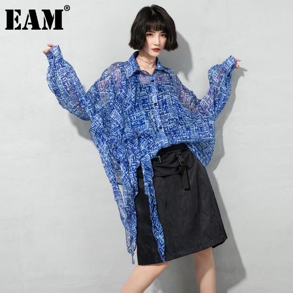

women's blouses & shirts [eam] women big size pattern printed irregular translucent blouse lapel long sleeve loose shirt fashion summer, White