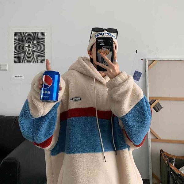 

women's hoodies & sweatshirts korean version style fashion fleece women patchwork stripe hooded couples loose coats casual pu, Black