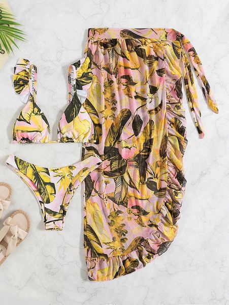 

tropical print ruffle bikini swimsuit with beach skirt s0ou#, White;black