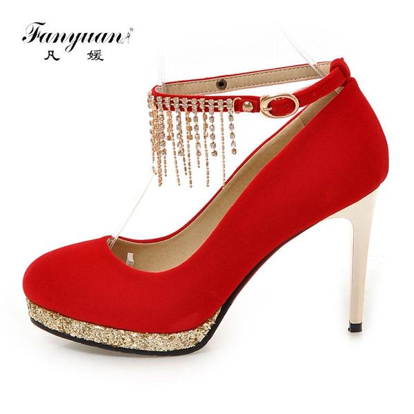 

dress shoes fanyuan platform pumps women thin high heels rhinestone fringe woman ankle strap bling ladies party wedding, Black