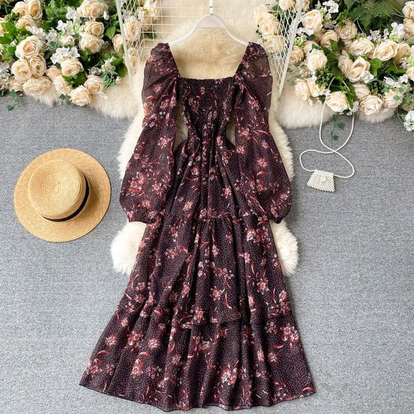 

casual dresses fashion runway floral elegant dress 2021 summer women wrist sleeve square collar flower print boho party beach wedding midi v, Black;gray