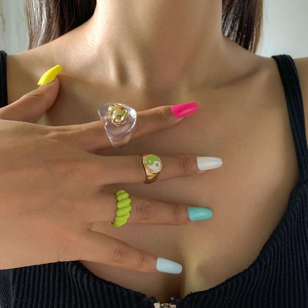 

wedding rings 3pcs/set green taichi resin love heart for women girls street ins style fashion jewelry gothic weddings gifts, Slivery;golden