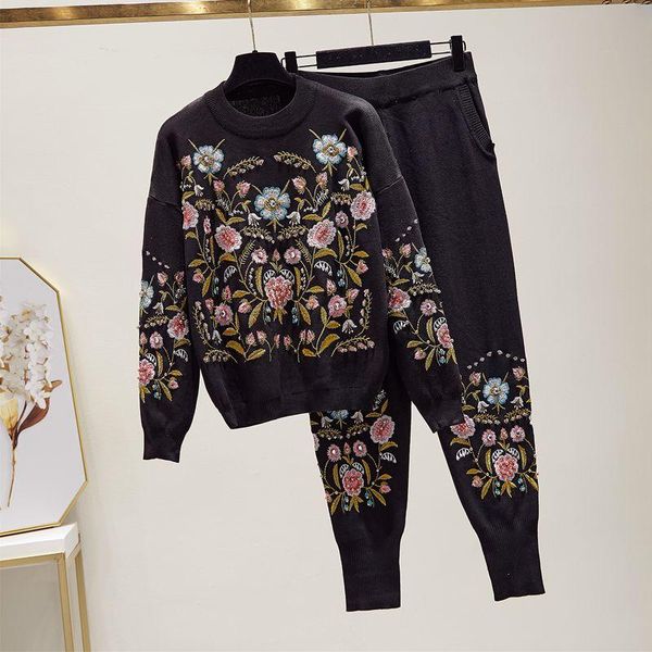 

women's two piece pants women black casual knitted 2pc sets fashion flowers embroidery pullover sweater long pencil female knit tracksu, White