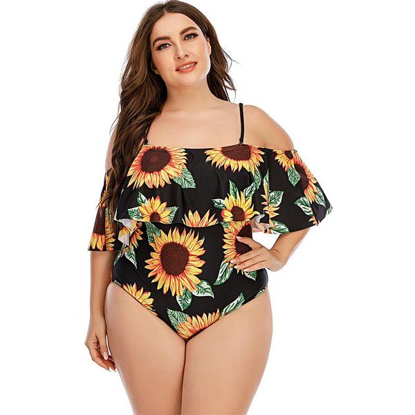 

2021 new strapless floral swimsuit ladies one-piece large size swimsuit women ruffled monokini swimwear l-5xl