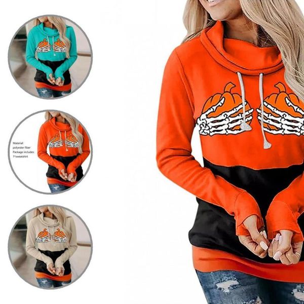 

women's hoodies & sweatshirts glove cuffs pullover long sleeve pumpkin pattern hoodie for lady simple, Black