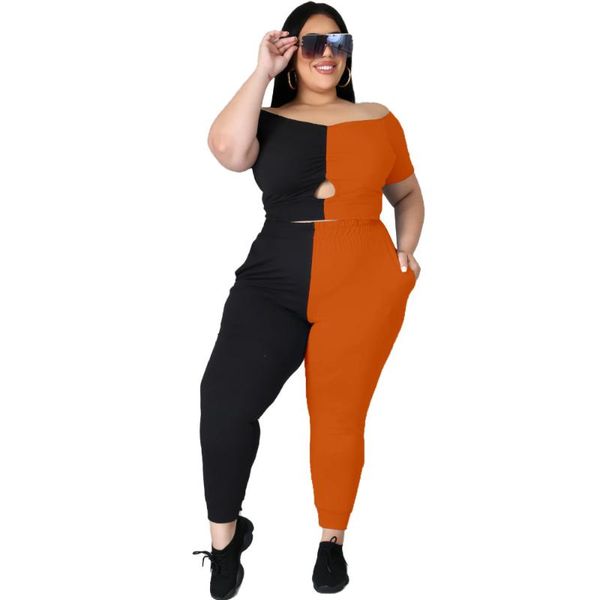 

plus size tracksuits 4xl two piece outfits for women clothing winter clothes patchwork printed short sleeve and pants, Black