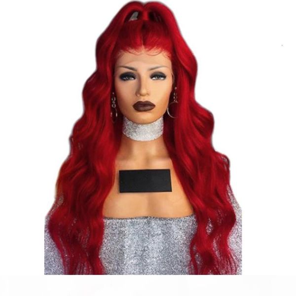 

red hair synthetic lace front wigs body wave highlight red hair color long heat resisitant with natural baby hair, Black