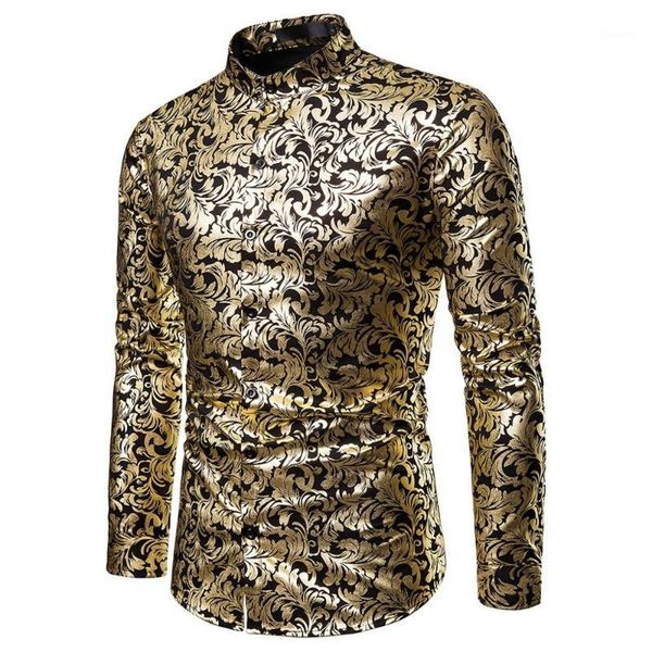 

men hipster luxury black gold bronzing printed slim long sleeve dress shirt wedding night club hip hop party singer stage shirts1, White;black