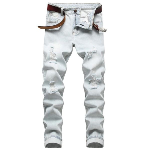 

men's jeans fashion light blue streetwear ripped casual denim pants retro hole designer straight slim wash cotton