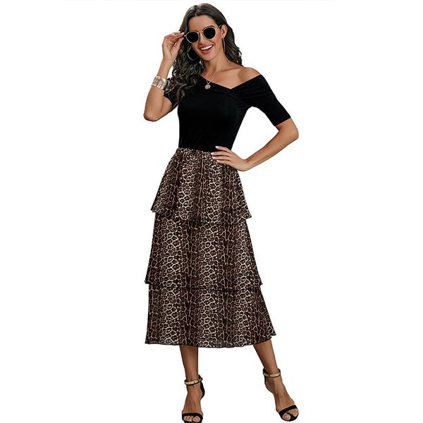 

skirts fashionable pleated leopard three-layer skirt in spring 2021, Black