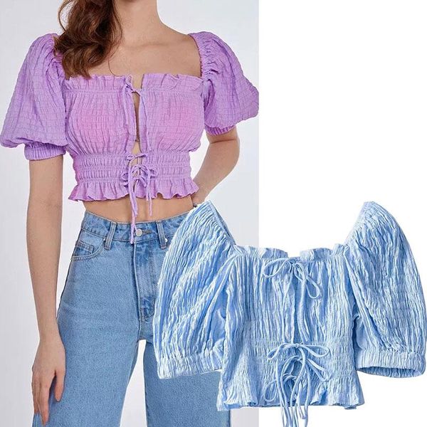 

women's t-shirt women summer 2021 french square collar lantern sleeve coat tight lacing elastic high waist ruffle fashion casual chic, White