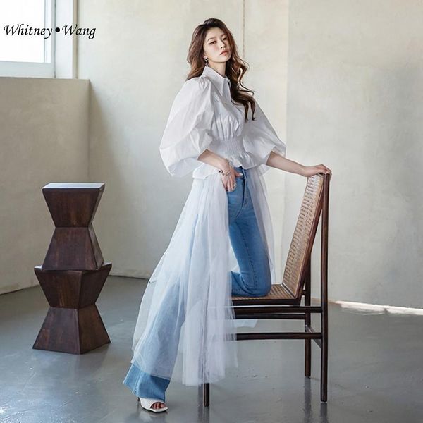 

women's blouses & shirts whitney wang designer style big puff sleeve long mesh hem patchwork blouse women blusas lady shirt, White