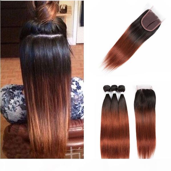 

ombre straight t1b 33# dark root auburn human hair bundles with lace closure colored peruvian human hair weave with closure, Black;brown