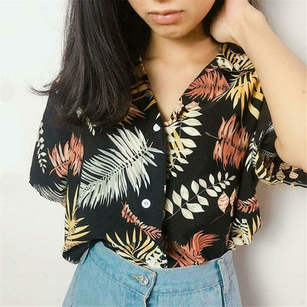

new chiffon womens casual blouses female hawaiian fashion floral short sleeve shirts ladies summer loose, White