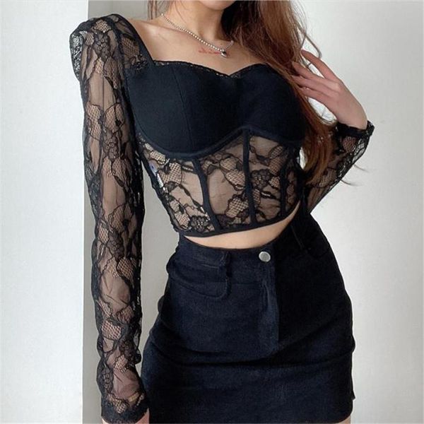 

black lace floral women t-shirts long sleeves bodycon casual crop square collar slim fit female spring fall short tee shirt, White