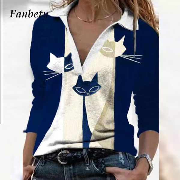 

new women casual cute cat print blouse 2021 spring elegant long sleeve pullover v neck ladies shirt blusa streetwear dm30, White;black