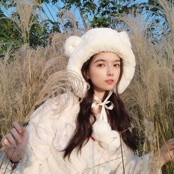 

berets japanese soft girl cute bear ears hairball lei feng hat korean chic warm plush ear protection flying, Blue;gray