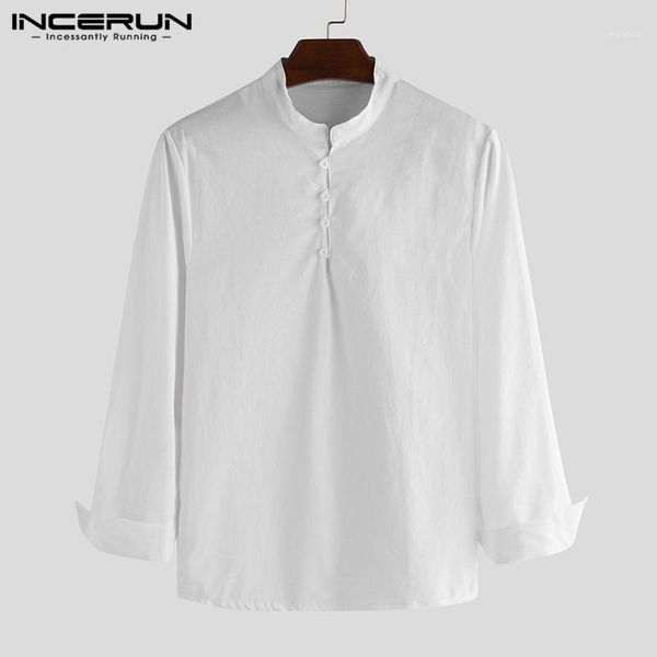 

incerun solid color cotton men long sleeve shirts vintage stand collar button fitness casual brand blouse camisa masculina 20191, White;black
