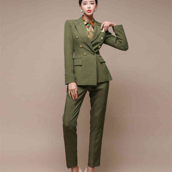 

women's two piece pants runway ladies autumn suit office work double breasted blazer trouser set fashion business pant suits women form, White