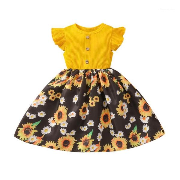 

girl's dresses 2-7y kids girls summer dress ruffles sleeve button sunflower printing stitching a-line princess vestido clothing1, Red;yellow