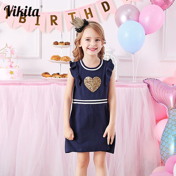 VIKITA Abito in cotone per bambini per ragazze estive Abiti con paillettes reversibili Bambini Cuore Farfalla Design senza maniche Abiti da cartone animato 210303