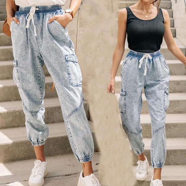 

women's jeans washed lace-up slim-fit women's jeans trousers, Blue