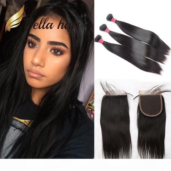 

4pcs lot brazilian straight virgin hair with closure natural human hair weaves indian straight bundles with closure middle 3 part, Black;brown